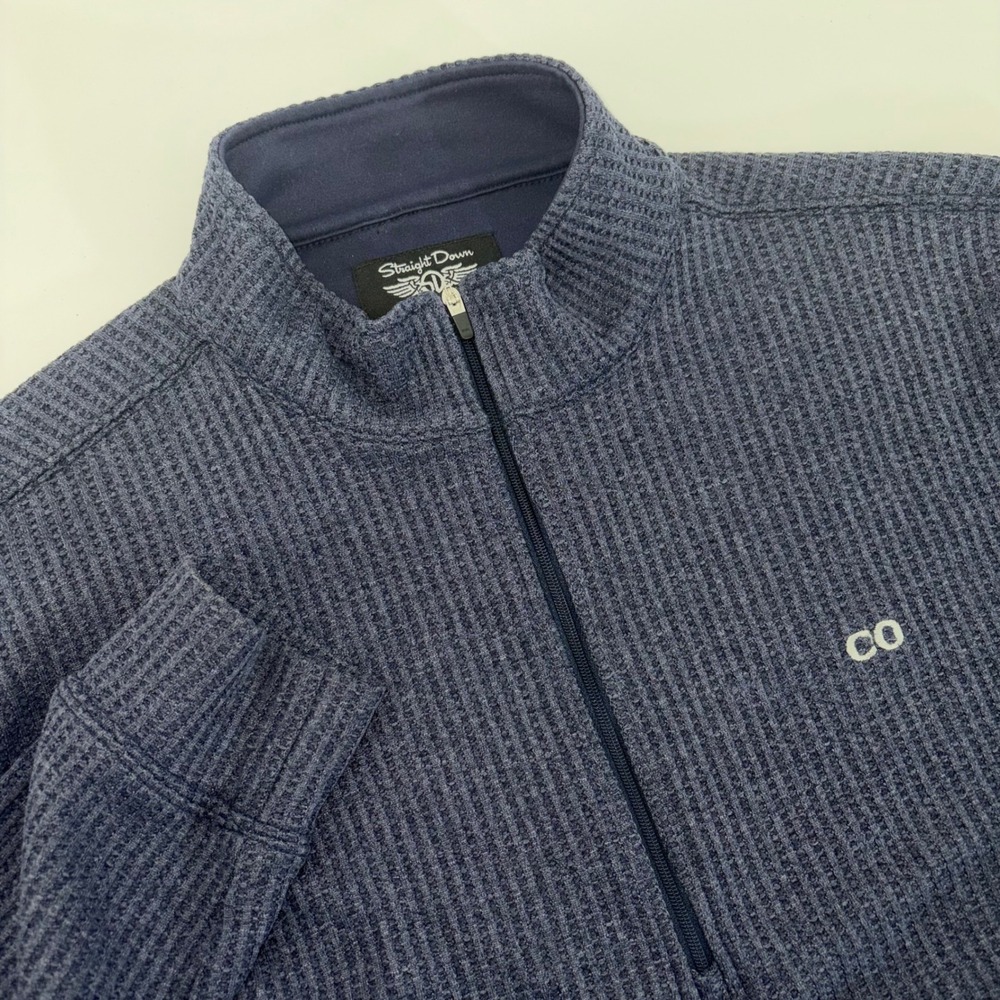 Straight Down Mens Blue Waffle Knit Quarter Zip Pullover Golf Sweater Large CO